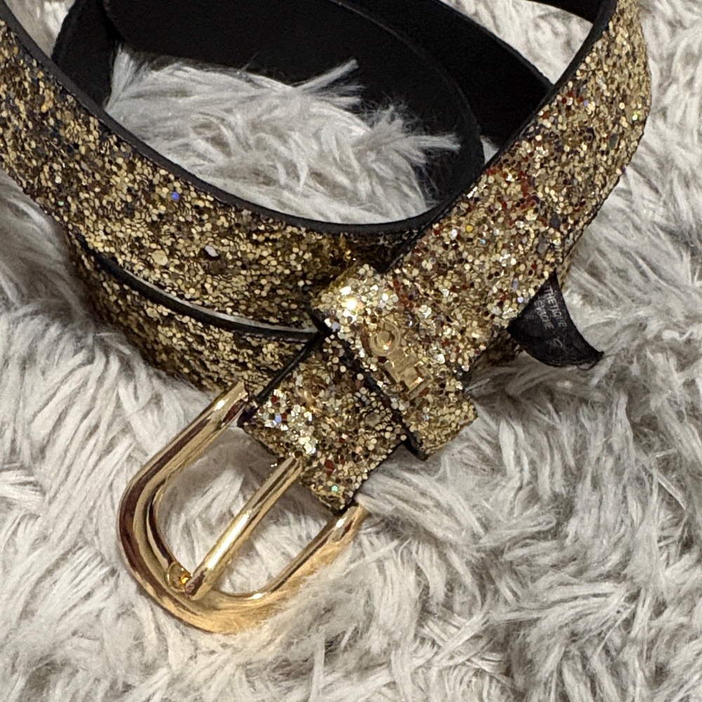 Gold Glitter Leather Belt with Gold Buckle - Women